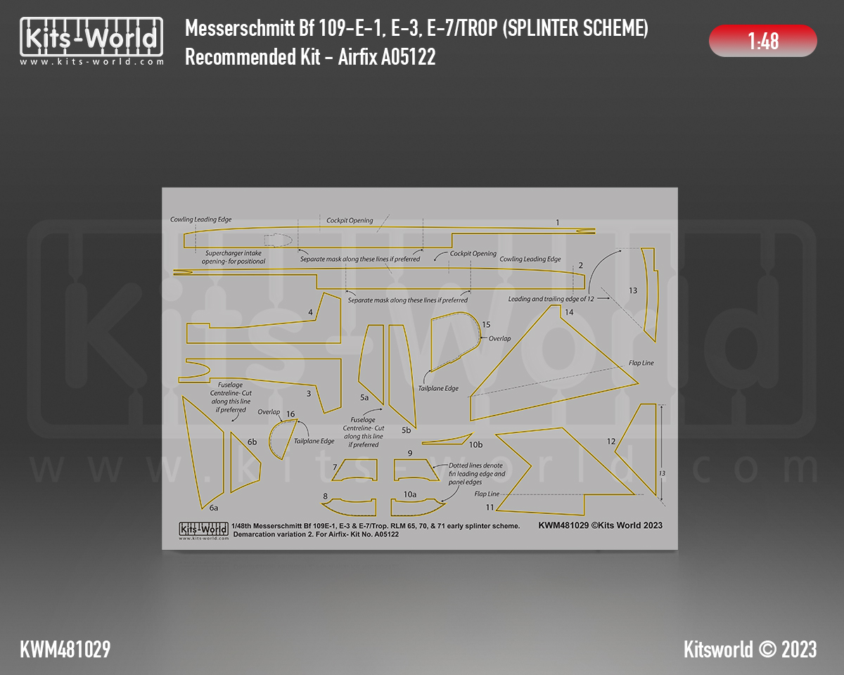 Kitsworld Kitsworld 1:48 Paint Mask Messerschmitt Bf 109E-1 E-3- E-7 Splinter Scheme 1:48 scale Messerschmitt Bf 109E-1, E-3, E-7 Splinter Scheme Set (Variation 2) (Airfix A05122). 